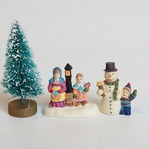 CUTE Christmas Village Figurine Lot of 3 Tree Carolers w/Street Post Snowman Boy
